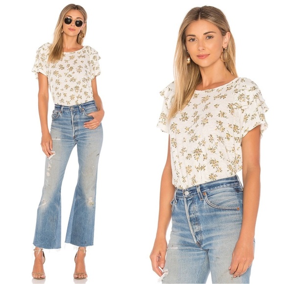 Current/Elliott • The Double Ruffle Tee linen cotton white yellow Pearson Floral - Picture 1 of 11